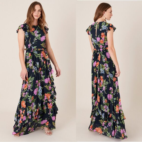 New Monsoon UK Silvia Floral Print Maxi Dress Navy Sz 14 - Picture 2 of 16